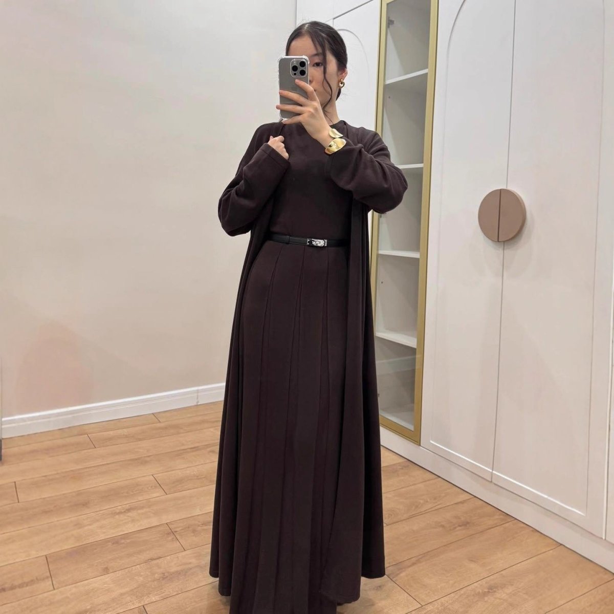Long Open Cardigan & Pleated Dress Set(MS195)