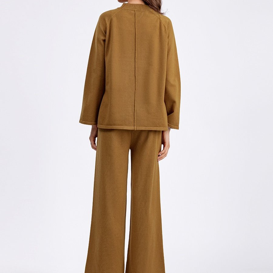 Loose Fit Solid Color Knit Two-Piece Set | Pullover Sweater & Wide Leg Pants with Side Slits(MS143)