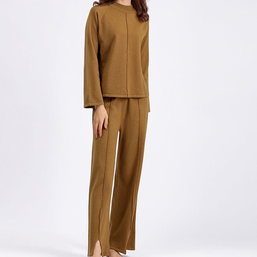 Loose Fit Solid Color Knit Two-Piece Set | Pullover Sweater & Wide Leg Pants with Side Slits(MS143)