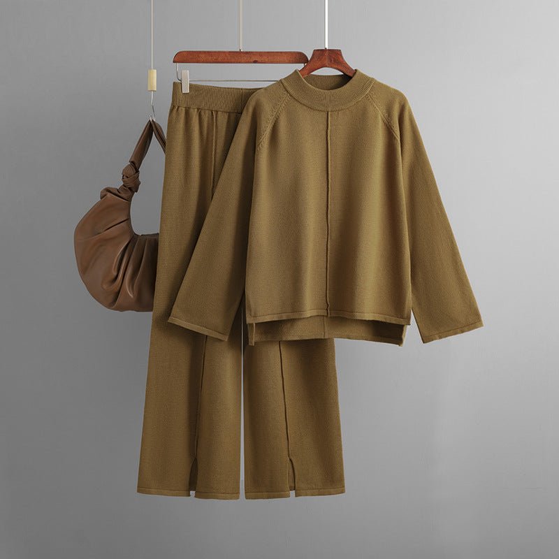 Loose Fit Solid Color Knit Two-Piece Set | Pullover Sweater & Wide Leg Pants with Side Slits(MS143)