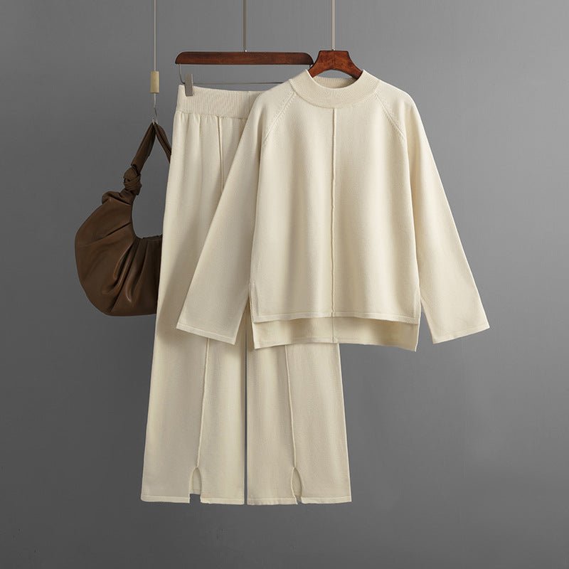 Loose Fit Solid Color Knit Two-Piece Set | Pullover Sweater & Wide Leg Pants with Side Slits(MS143)