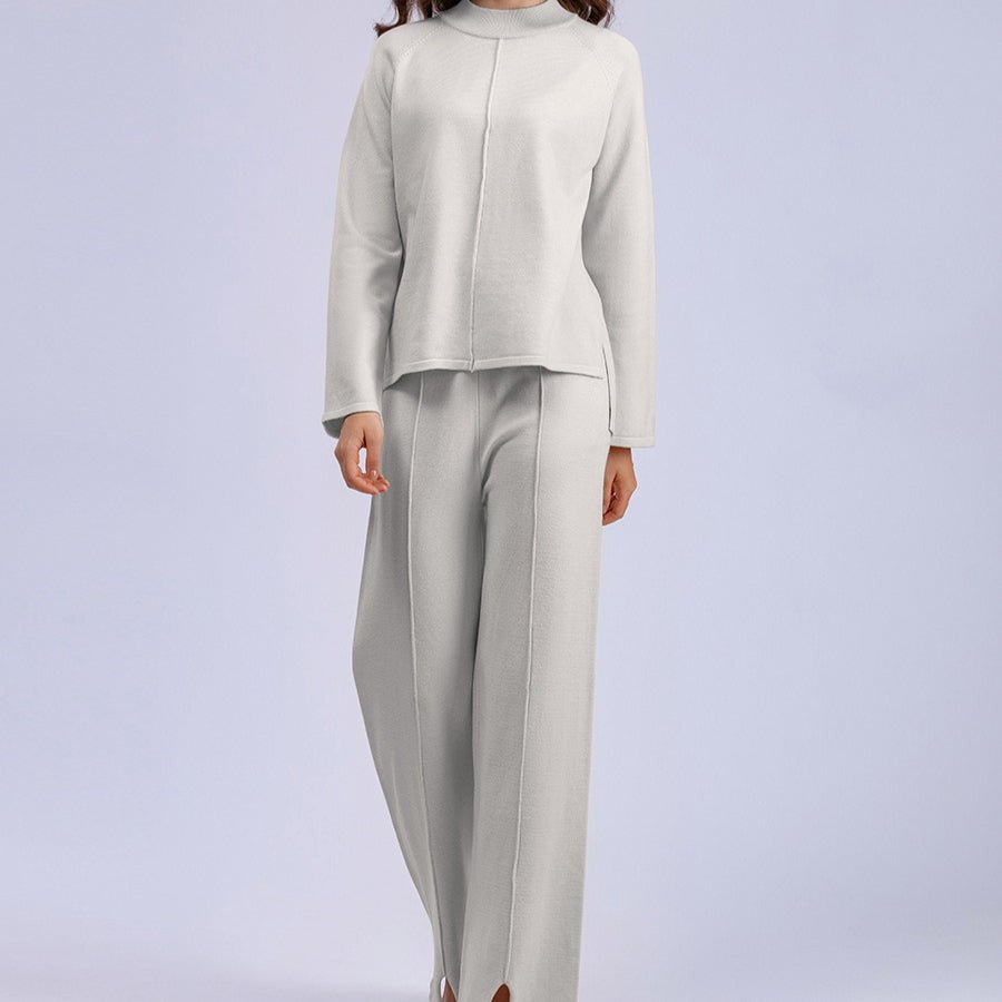 Loose Fit Solid Color Knit Two-Piece Set | Pullover Sweater & Wide Leg Pants with Side Slits(MS143)