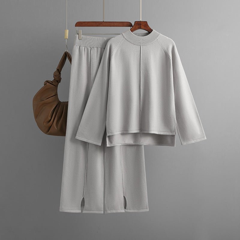 Loose Fit Solid Color Knit Two-Piece Set | Pullover Sweater & Wide Leg Pants with Side Slits(MS143)
