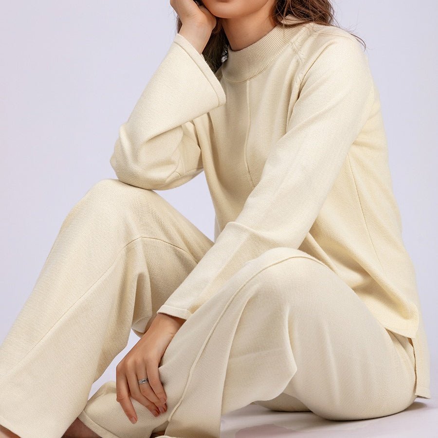 Loose Fit Solid Color Knit Two-Piece Set | Pullover Sweater & Wide Leg Pants with Side Slits(MS143)