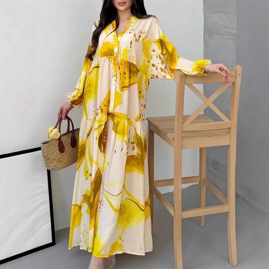Loose Fit V-Neck Long Sleeve Dress Abaya(MA377)