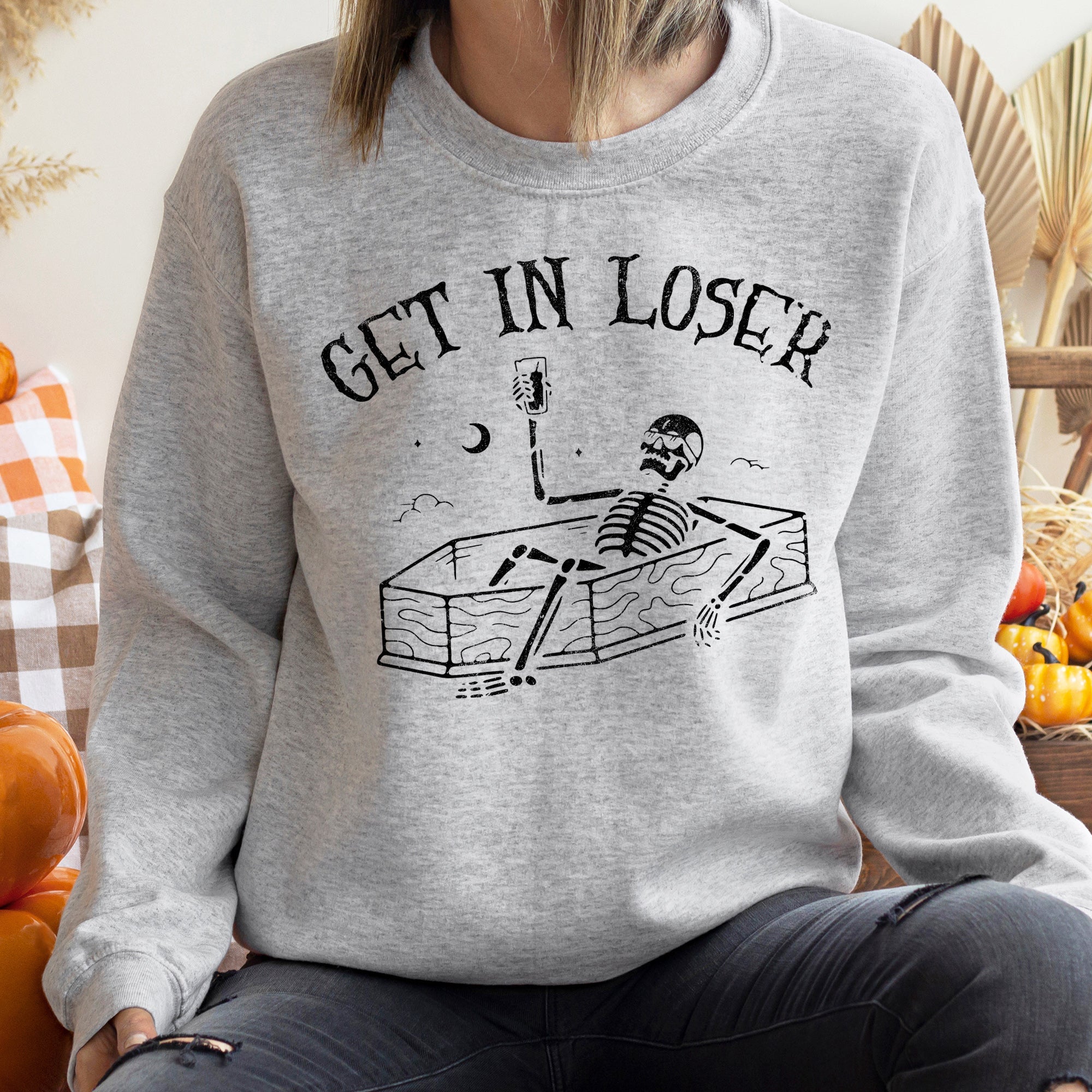 Get In Loser Skeleton Halloween Night Party Edition Cozy Fleece Vintage Gothic Style Sweatshirt