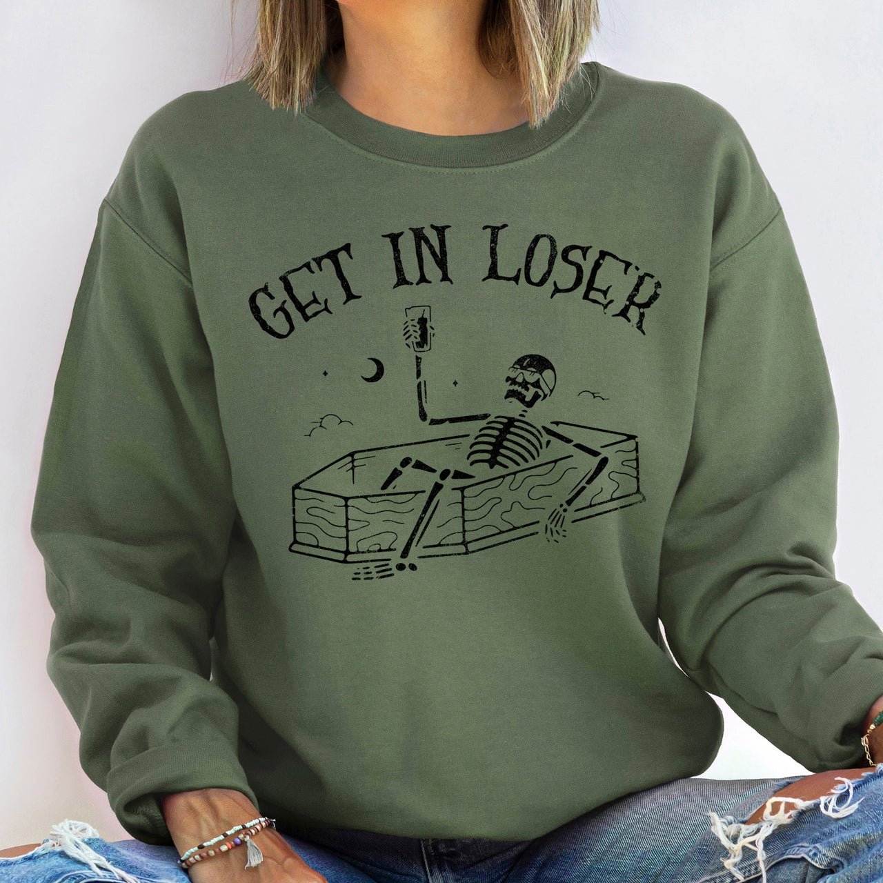 Get In Loser Skeleton Halloween Night Party Edition Cozy Fleece Vintage Gothic Style Sweatshirt