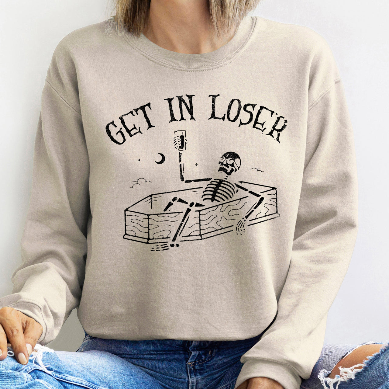 Get In Loser Skeleton Halloween Night Party Edition Cozy Fleece Vintage Gothic Style Sweatshirt