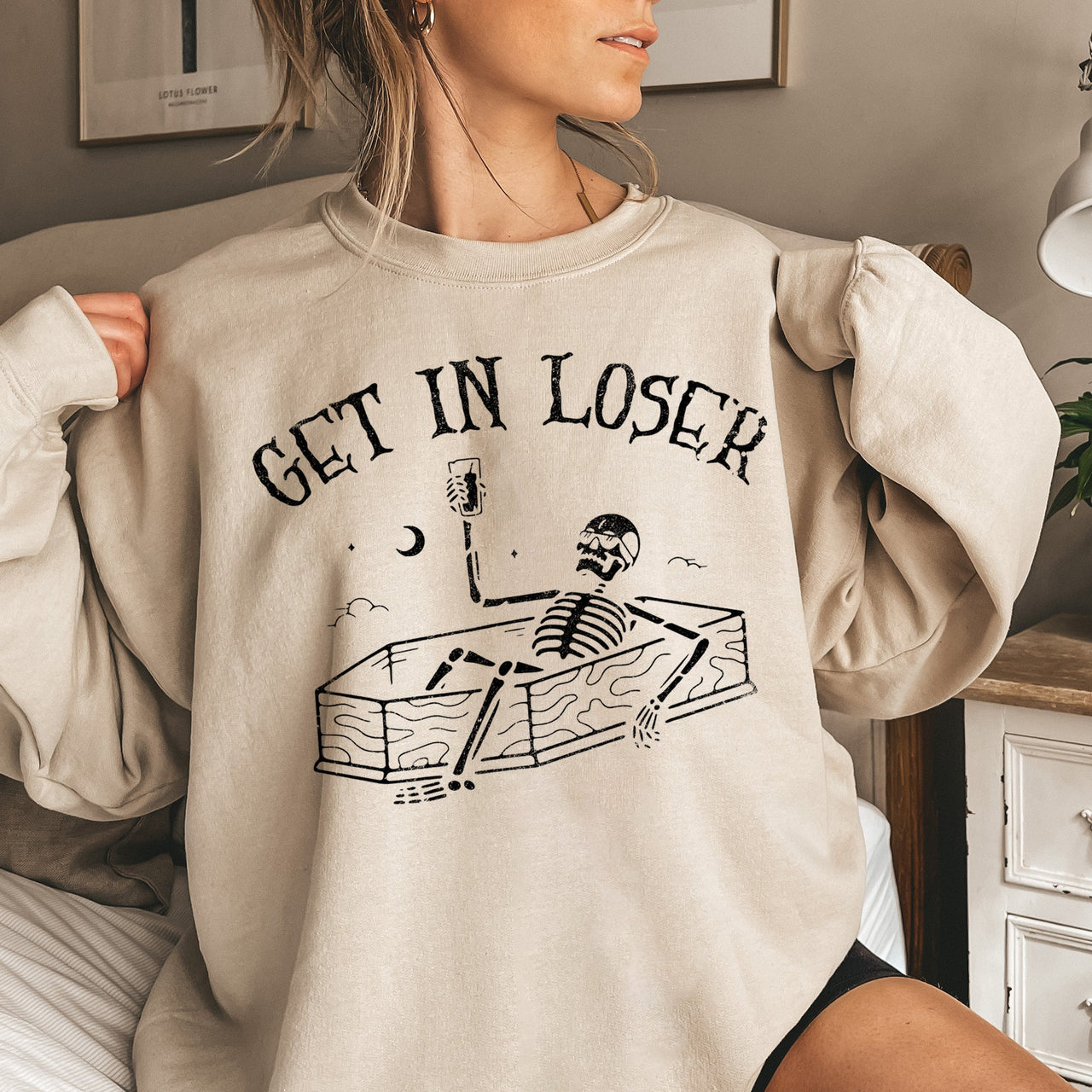 Get In Loser Skeleton Halloween Night Party Edition Cozy Fleece Vintage Gothic Style Sweatshirt