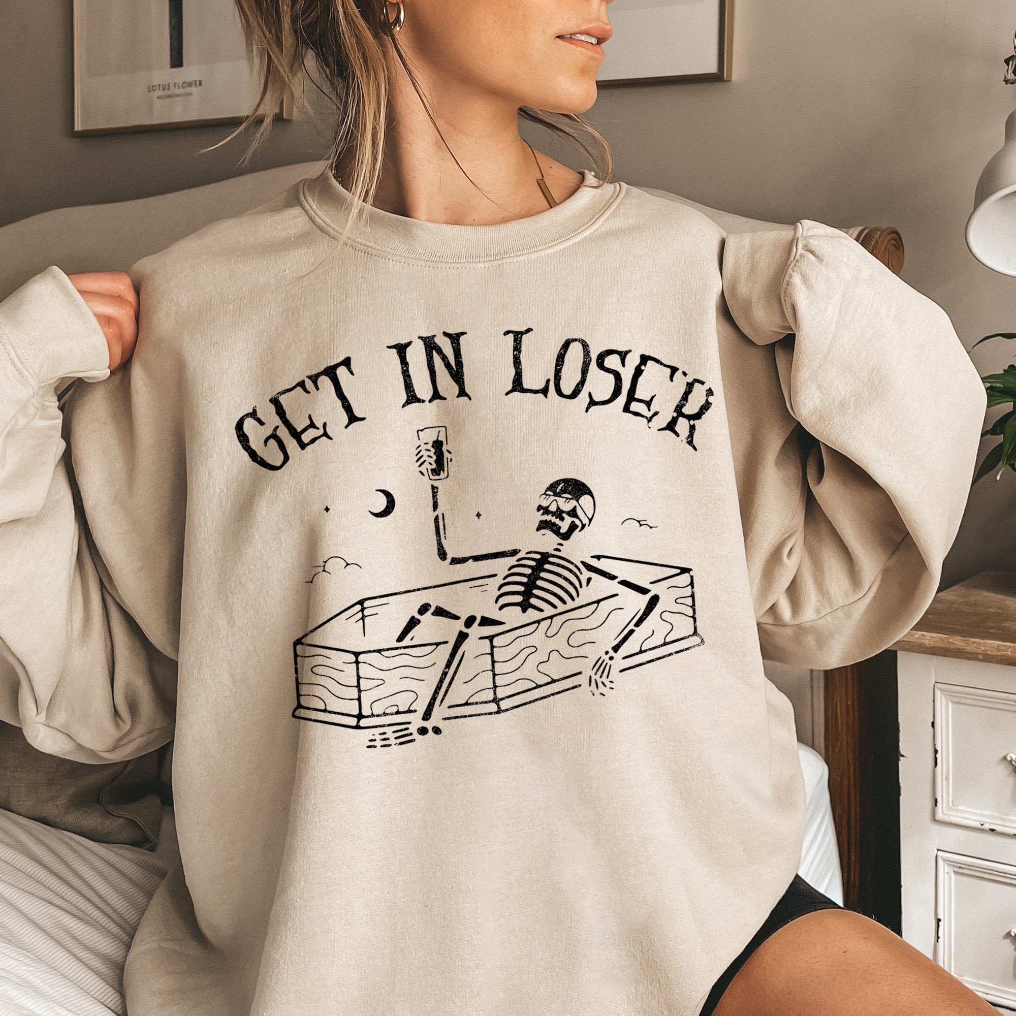 Get In Loser Skeleton Halloween Night Party Edition Cozy Fleece Vintage Gothic Style Sweatshirt