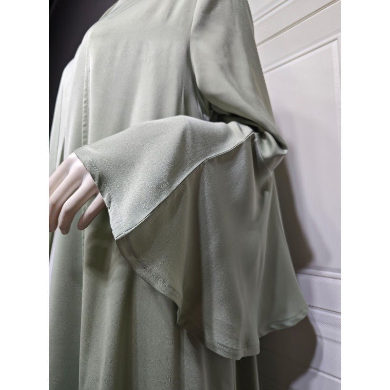 Lotus Leaf Sleeve Solid Soft Satin Open Front Abaya Dress | Lightweight Modest Abaya Cover(MOA220)