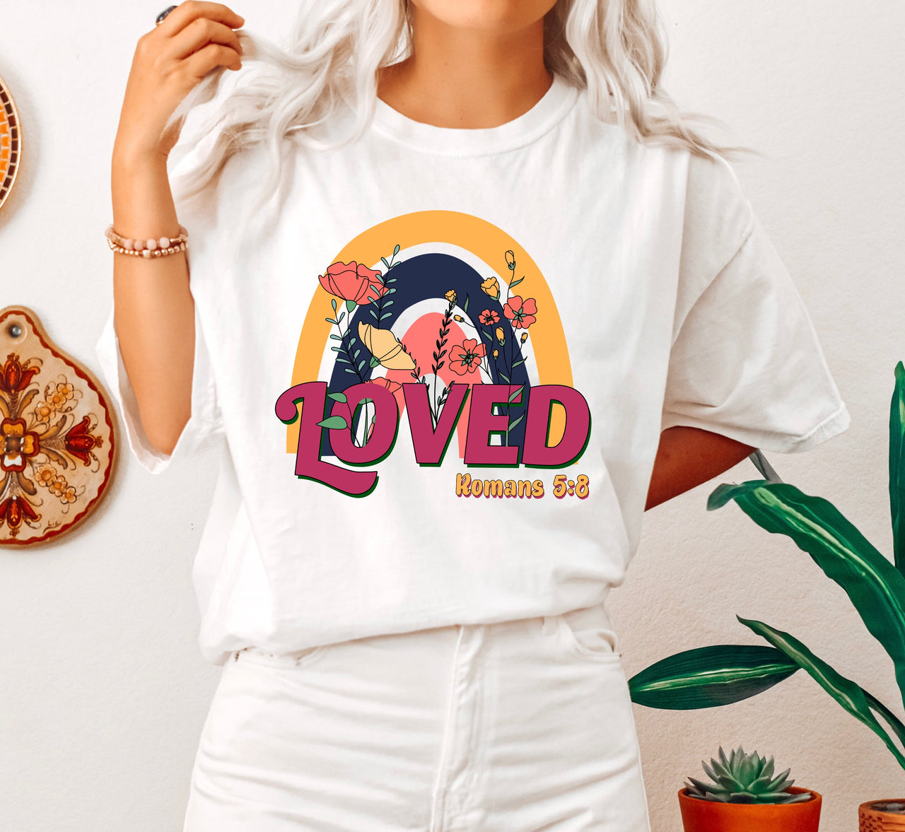 Loved Romans 5:8 Botanical Scripture Verse Inspired Faith Based Comfort Colors Tee