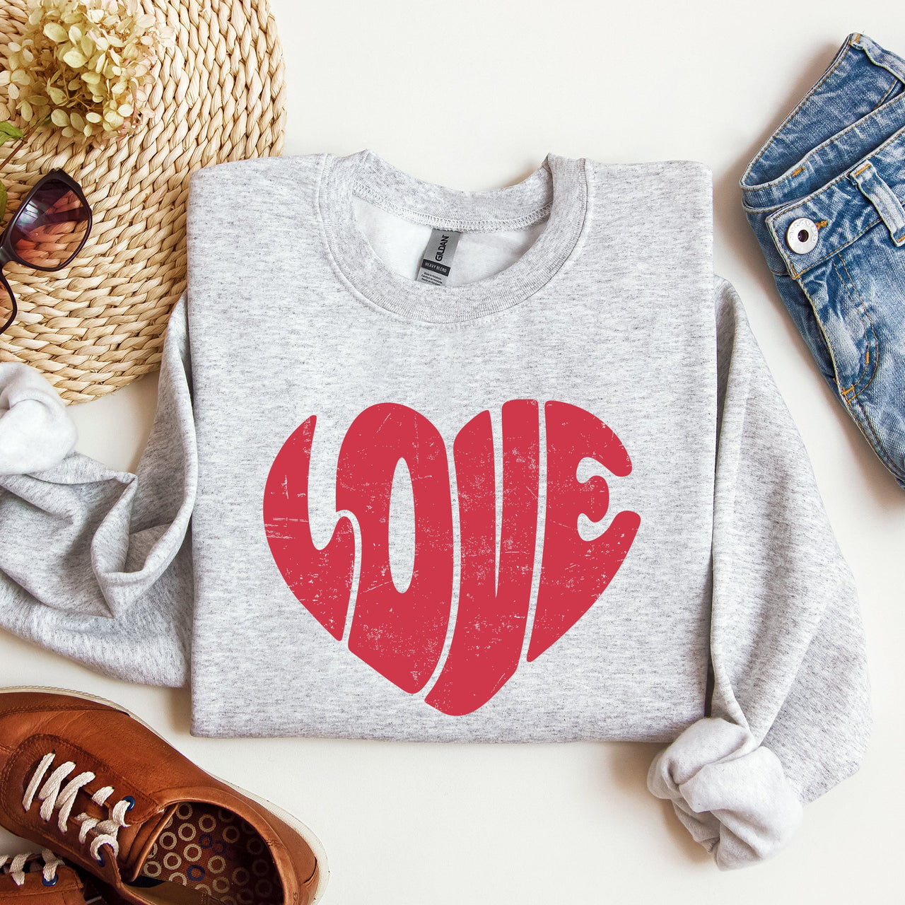 Retro Love Heart Vintage Valentine's Day Sweatshirt Cozy Fleece Warm Winter Classic Everyday Wear