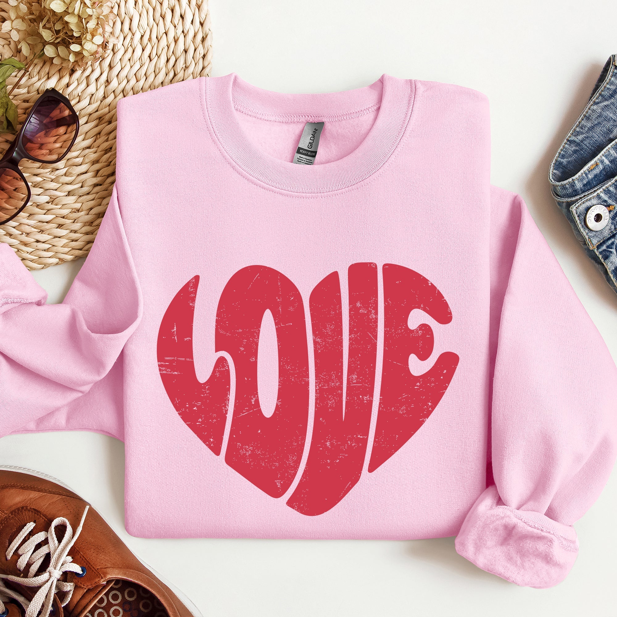 Retro Love Heart Vintage Valentine's Day Sweatshirt Cozy Fleece Warm Winter Classic Everyday Wear