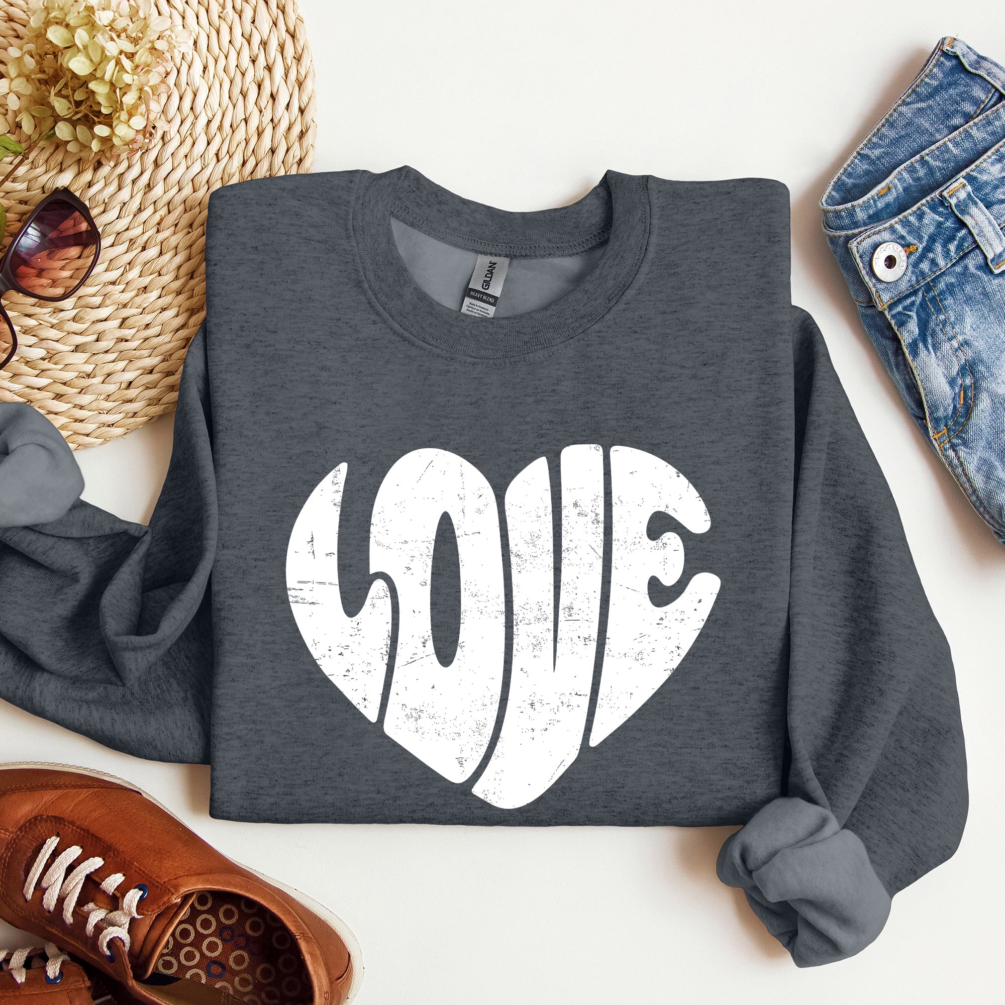 Retro Love Heart Vintage Valentine's Day Sweatshirt Cozy Fleece Warm Winter Classic Everyday Wear