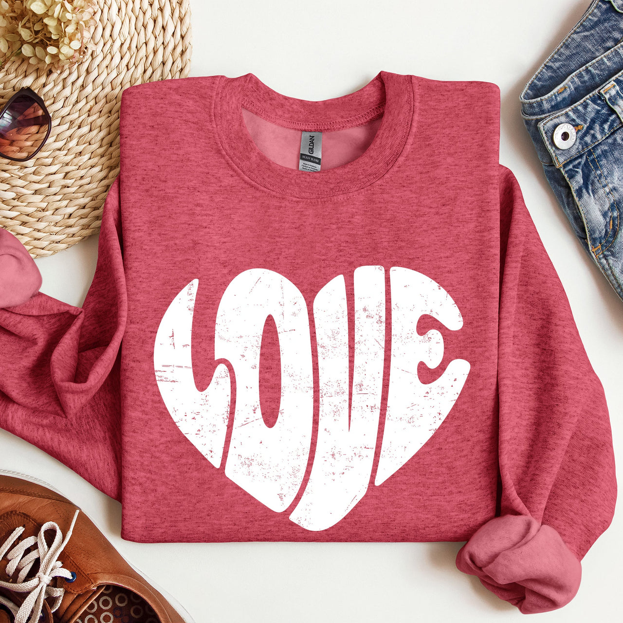 Retro Love Heart Vintage Valentine's Day Sweatshirt Cozy Fleece Warm Winter Classic Everyday Wear