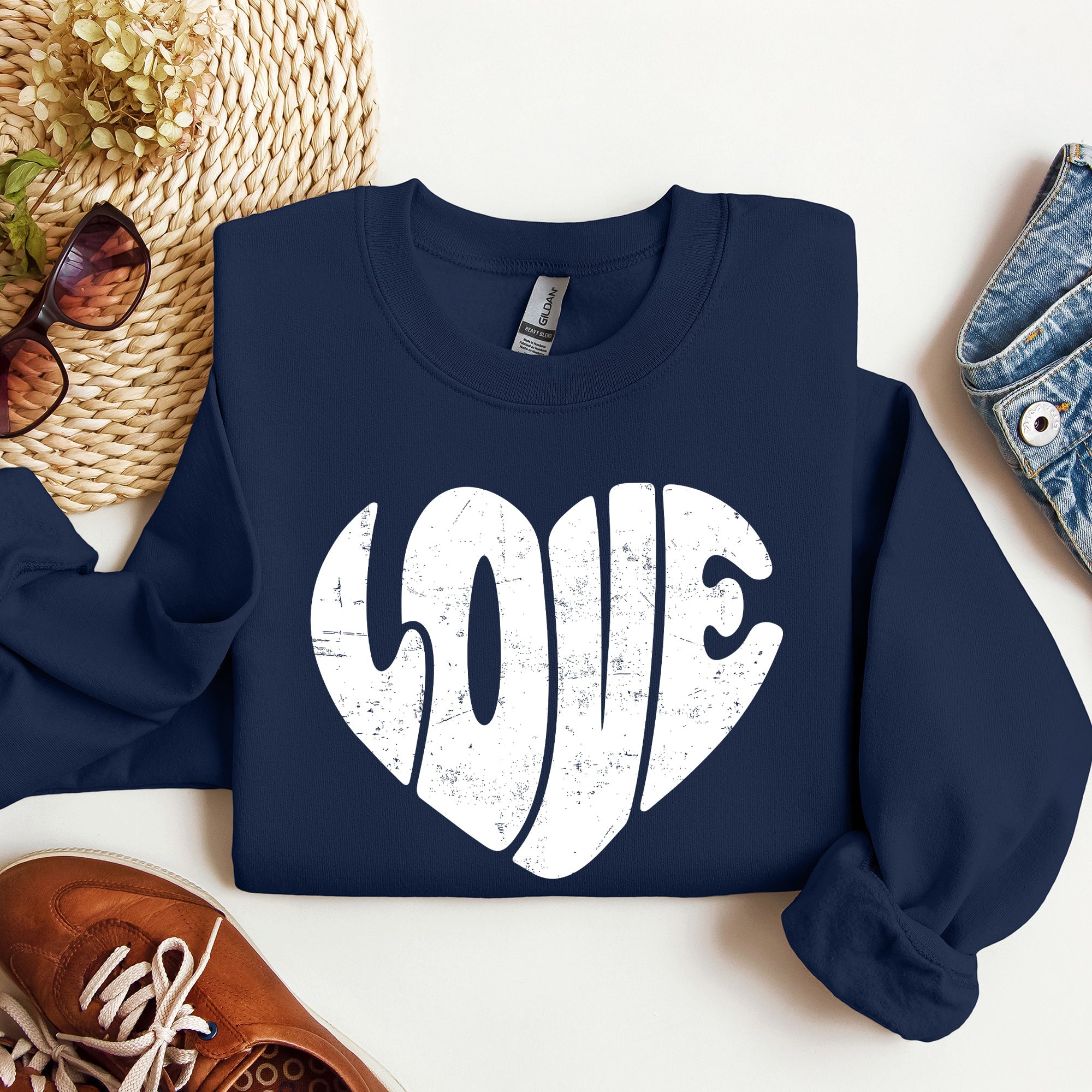 Retro Love Heart Vintage Valentine's Day Sweatshirt Cozy Fleece Warm Winter Classic Everyday Wear