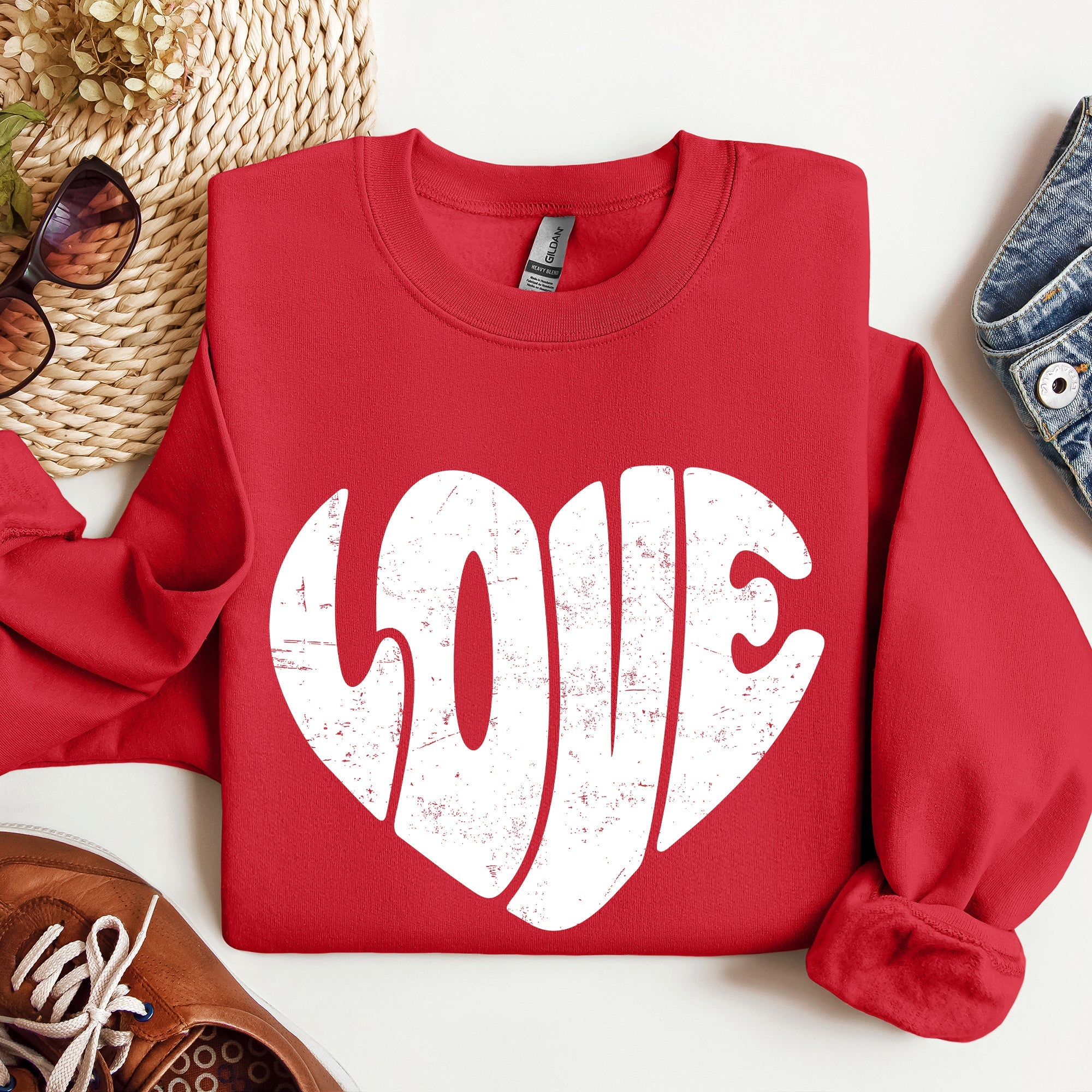 Retro Love Heart Vintage Valentine's Day Sweatshirt Cozy Fleece Warm Winter Classic Everyday Wear