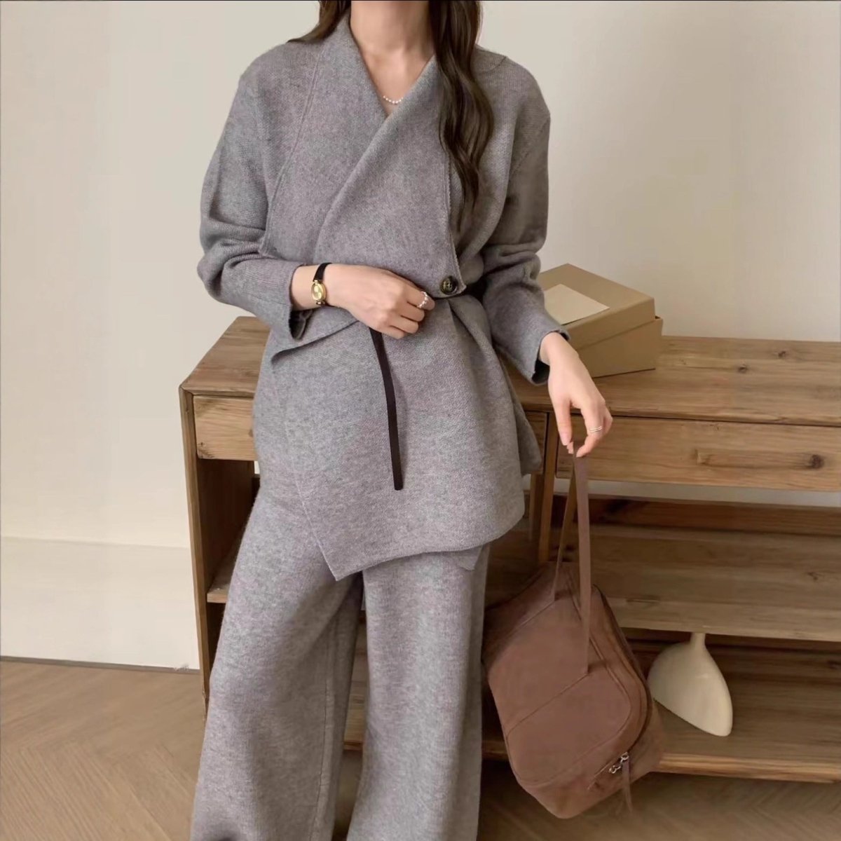 Luxe Knit Blazer & Wide-Leg Pants Set(MS197)