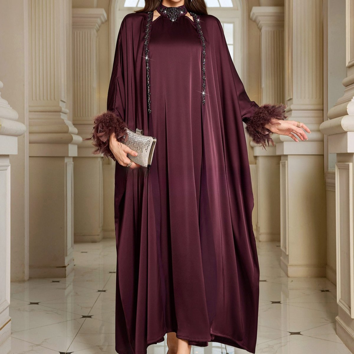 Luxe Satin Halter Dress & Feather Trim Cape Set(MOA250)