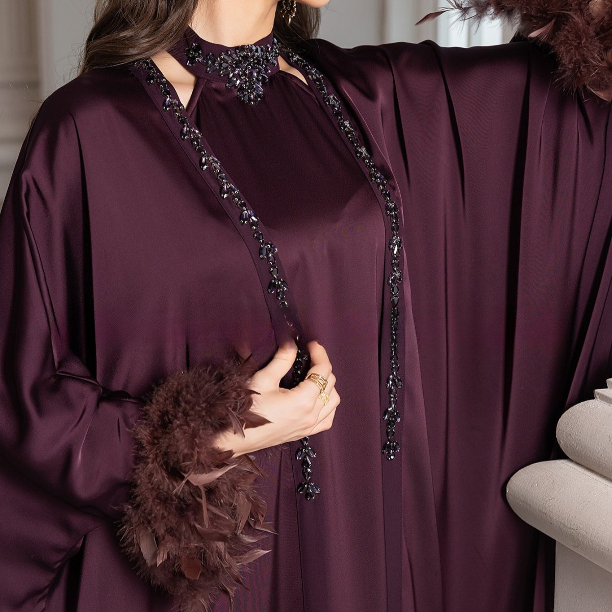 Luxe Satin Halter Dress & Feather Trim Cape Set(MOA250)