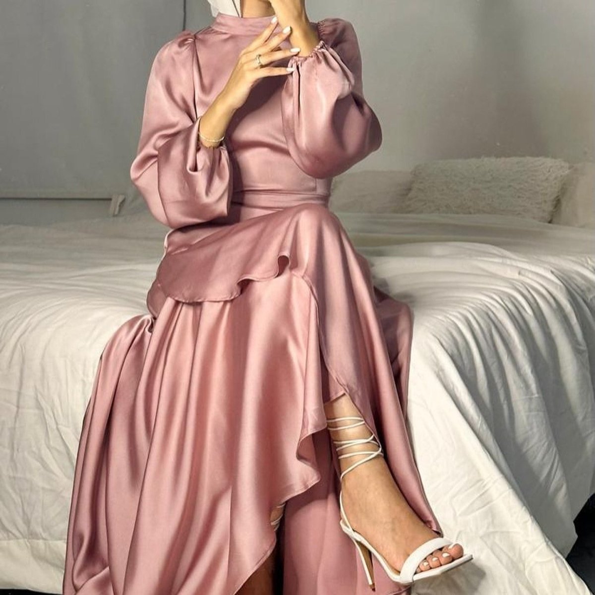 Luxe Satin Ruffle Hem Maxi Dress | Elastic Cuff Belted Abaya (MS187)