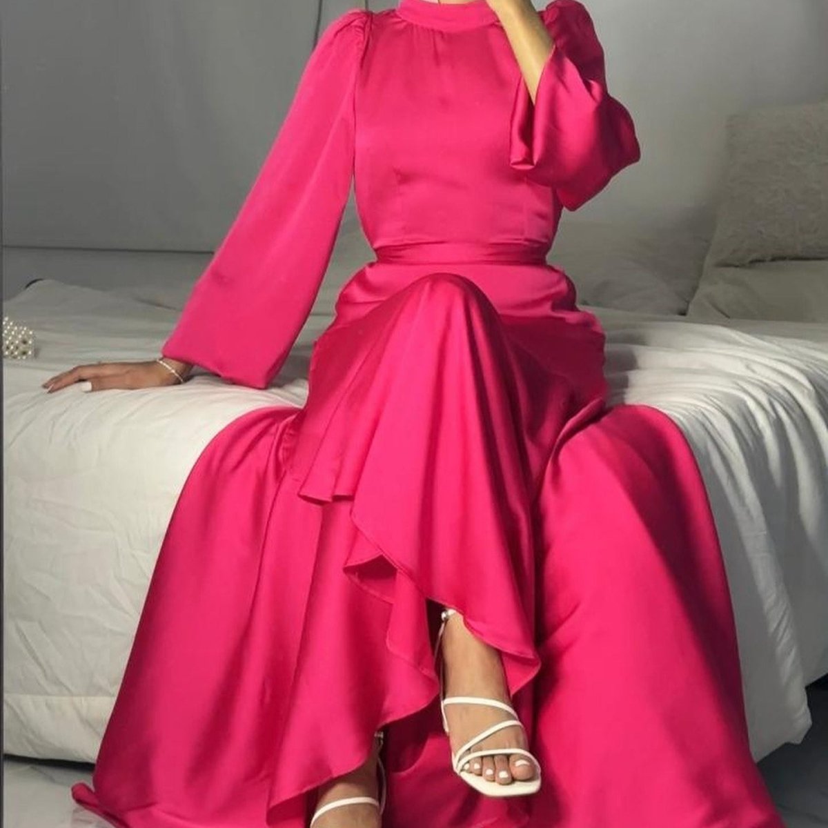 Luxe Satin Ruffle Hem Maxi Dress | Elastic Cuff Belted Abaya (MS187)