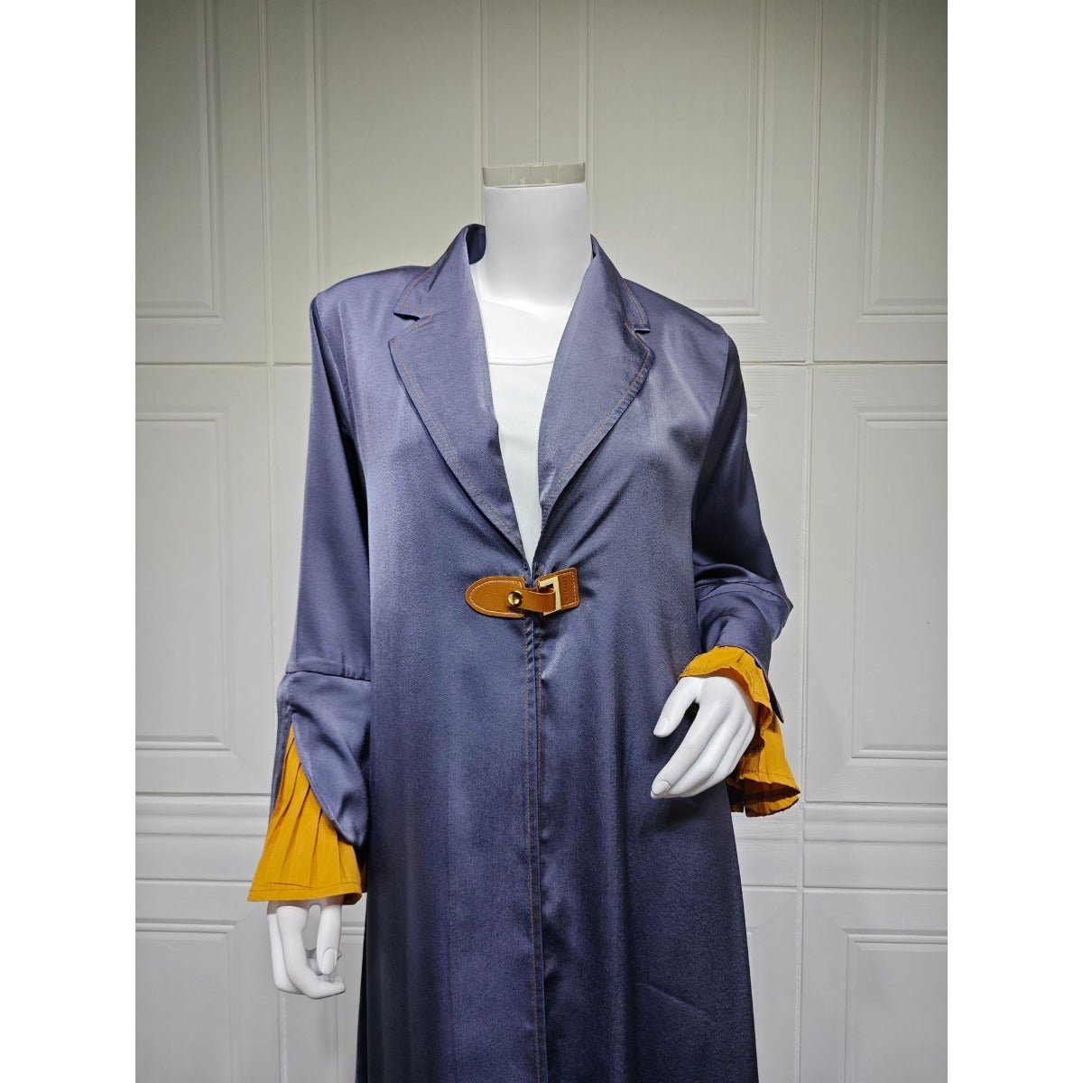 Luxe Suede Robe Dress | Navy Blue  Maxi with Gold Accents & Bell Sleeves (MOA200)