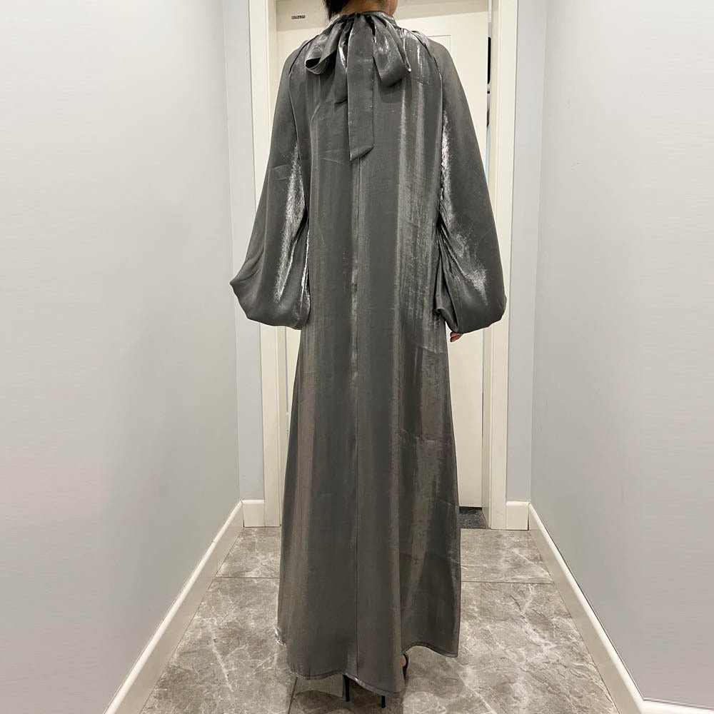Luxurious Shimmer Abaya with Lantern Sleeves | Stand Collar Back Tie Maxi Dress(MA324)
