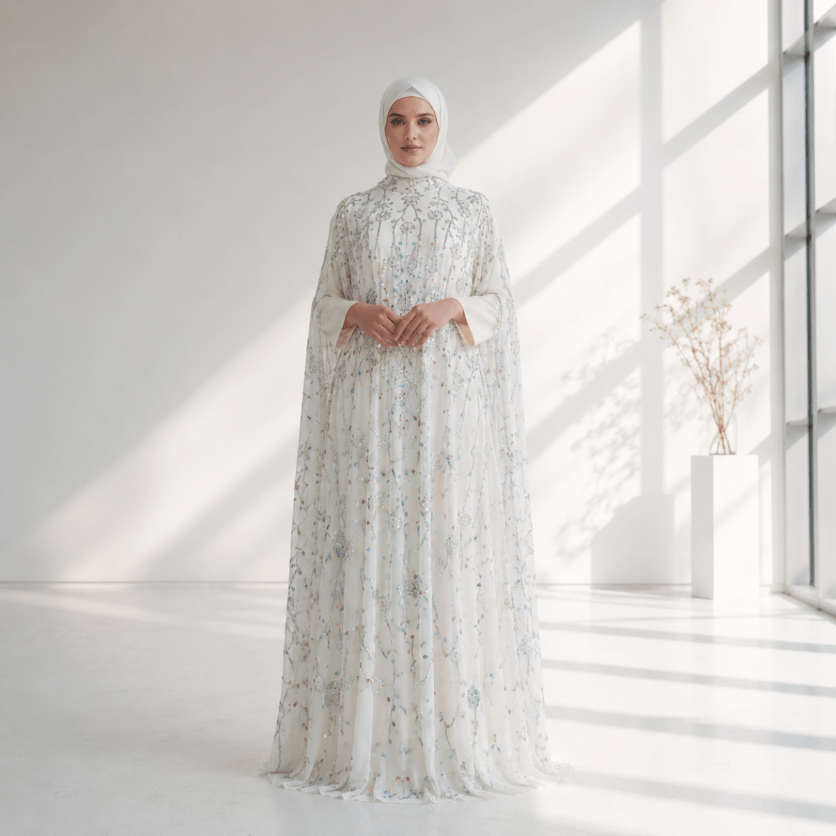 Luxury Crystal Embellished Cape Abaya Set with Inner Dress (MA390)