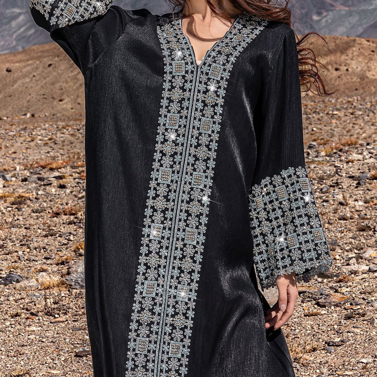 Luxury Crystal & Pearl Embellished Abaya | V-Neck Nida Crepe Maxi Dress(MA343)