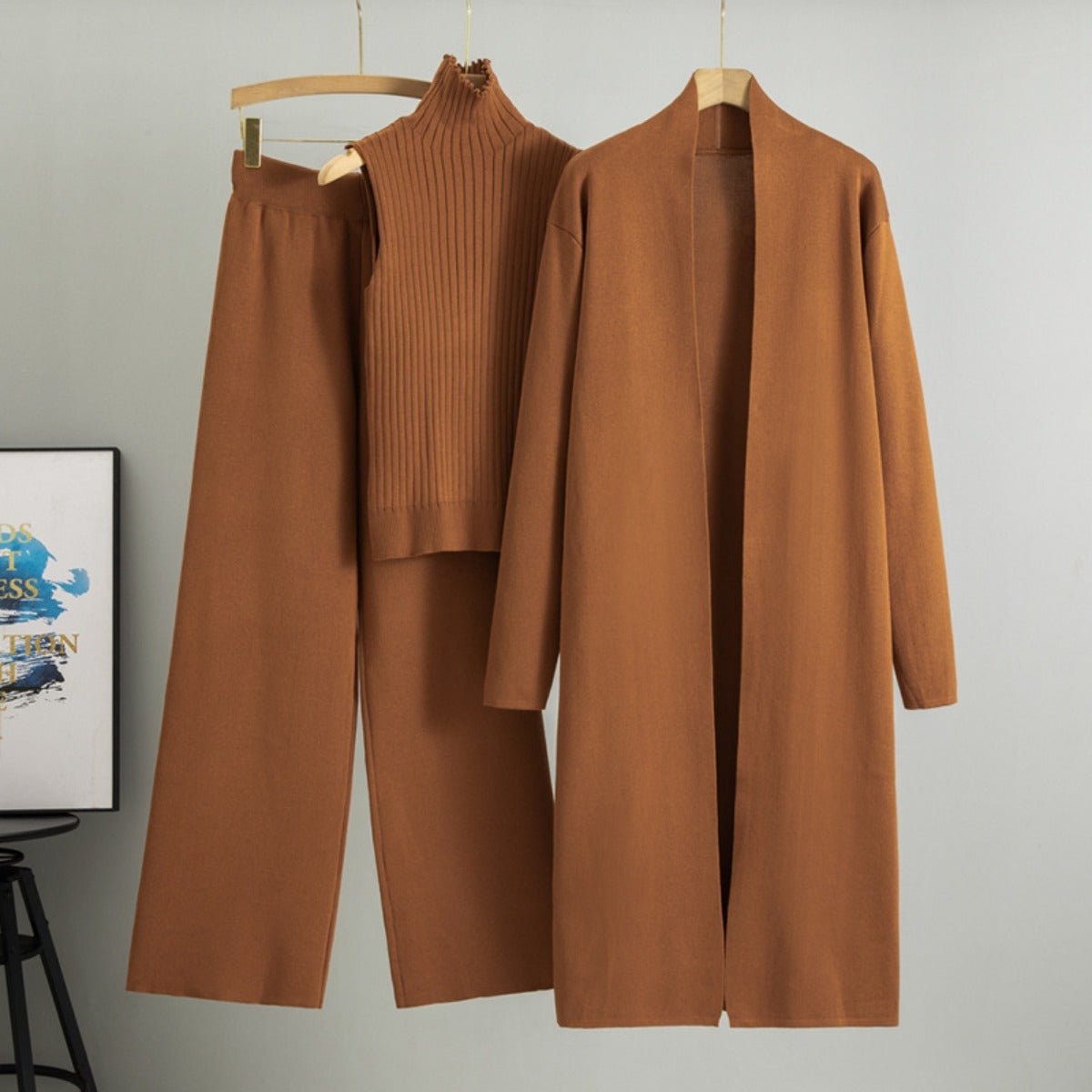 Luxury Knit Oversized Shawl Cardigan Three-Piece Set (MS090)