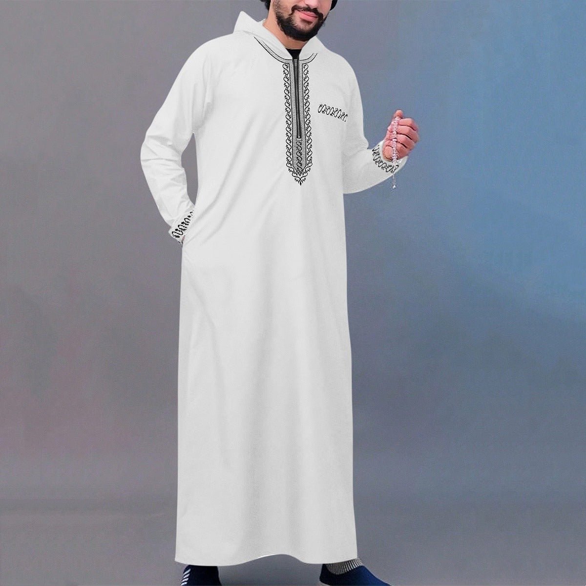 Luxury Loose Fit Hooded Premium Embroidered Men's Thobe Robe with Zipper & Islamic Calligraphy Design (MT024)