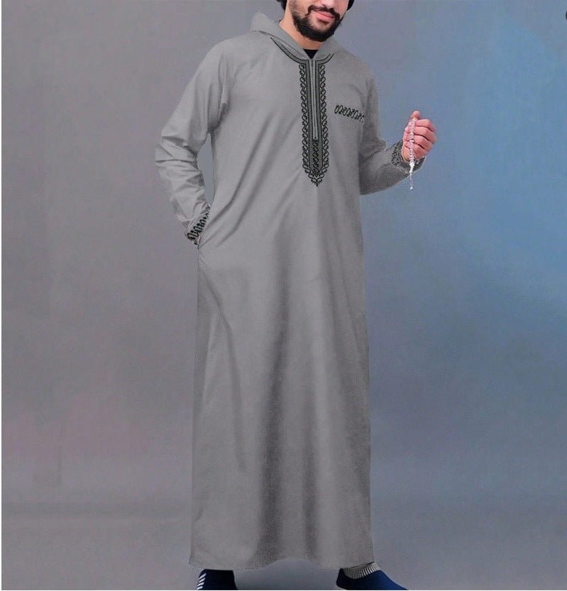 Luxury Loose Fit Hooded Premium Embroidered Men's Thobe Robe with Zipper & Islamic Calligraphy Design (MT024)