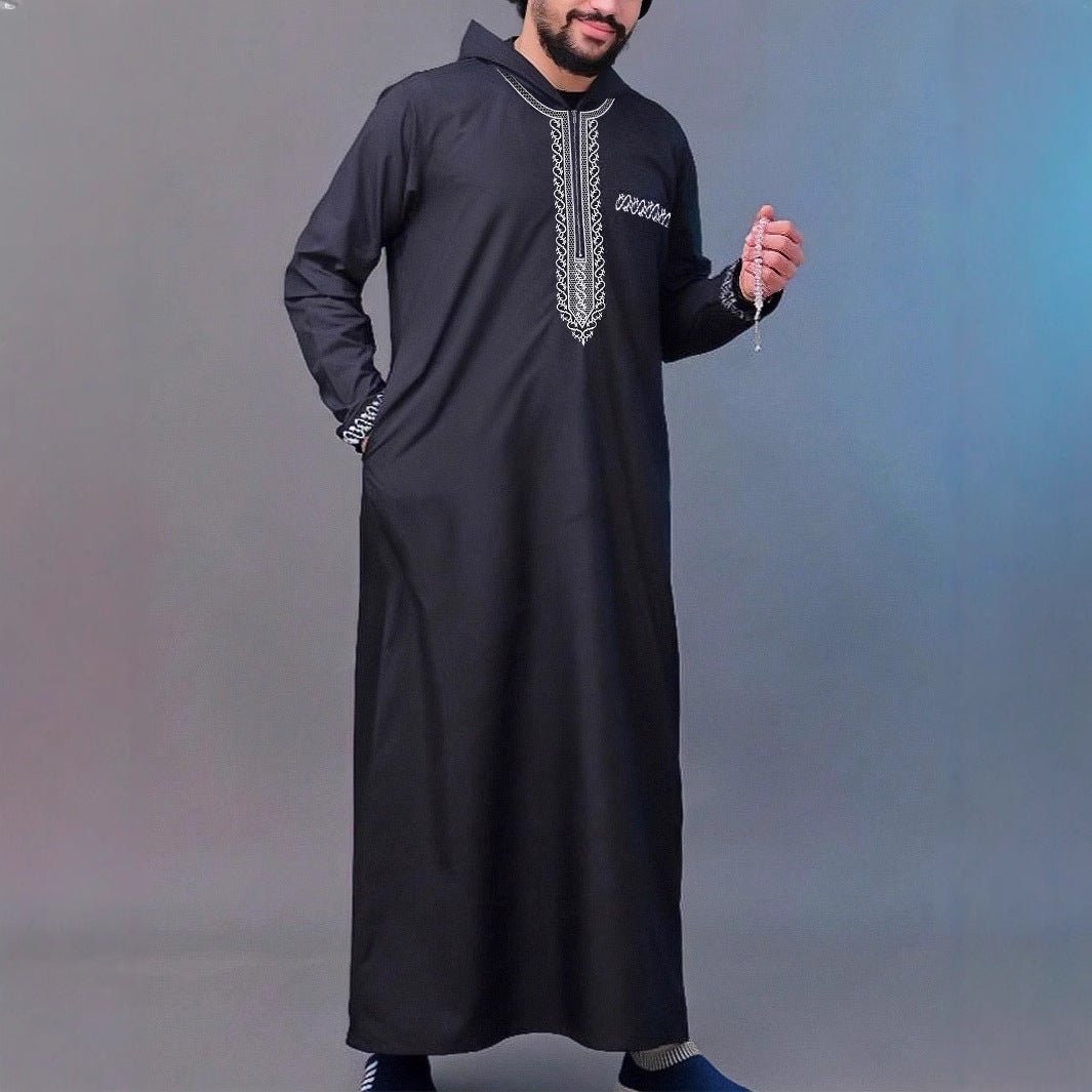 Luxury Loose Fit Hooded Premium Embroidered Men's Thobe Robe with Zipper & Islamic Calligraphy Design (MT024)