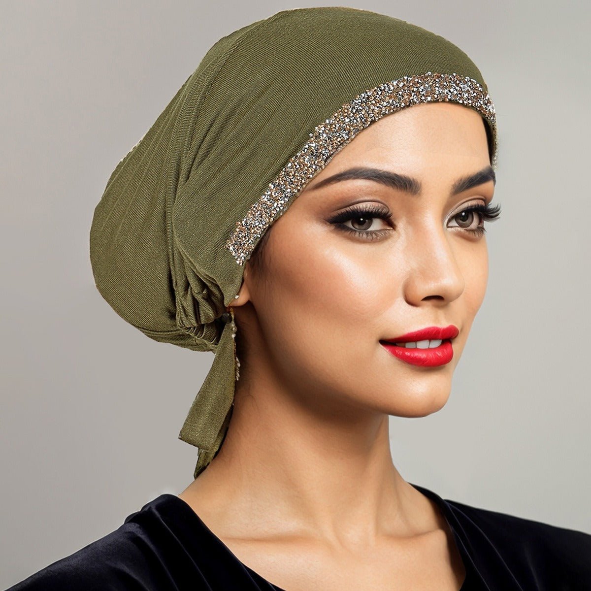 Luxury Mercerized Cotton Hijab Cap Crystal-Embellished Elastic Lace-Up Undercap with Breathable Design (MH115)