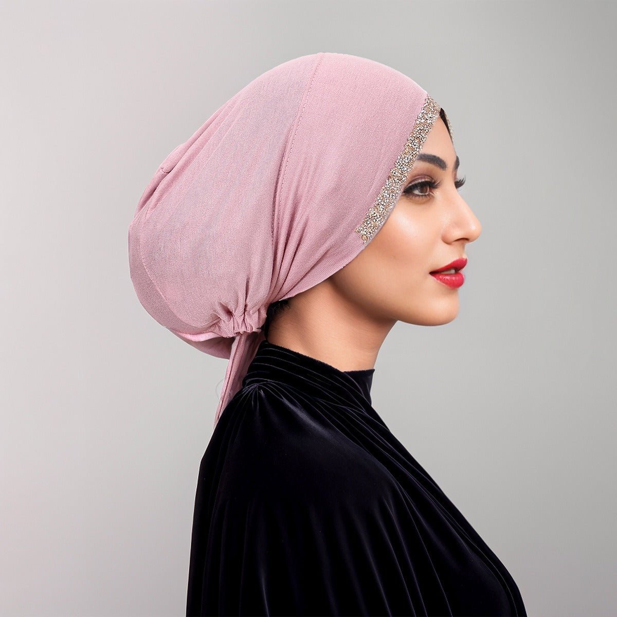 Luxury Mercerized Cotton Hijab Cap Crystal-Embellished Elastic Lace-Up Undercap with Breathable Design (MH115)