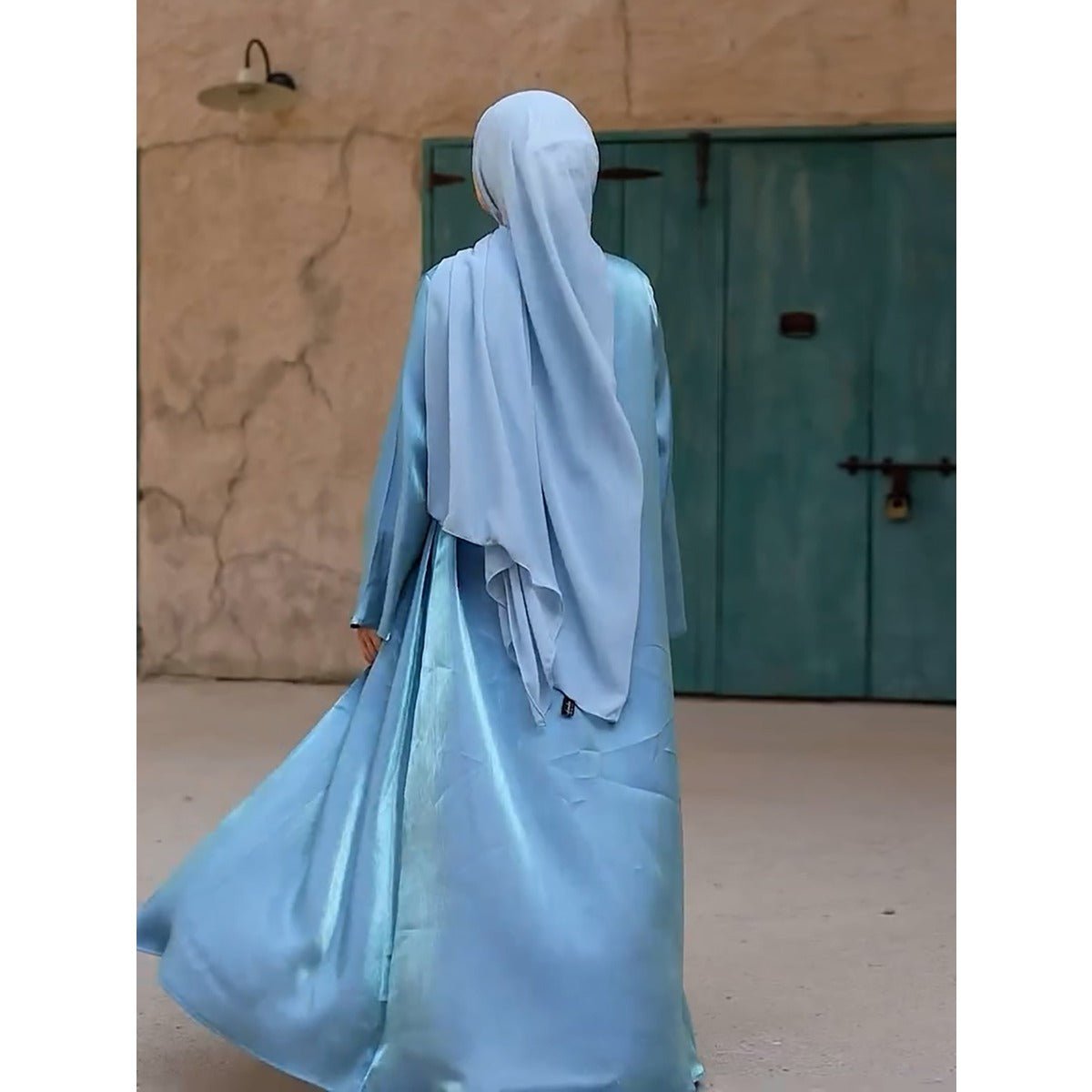 Desert Mirage Cardigan Abaya | Blue-Green Ombre Silk Abaya with Bell Sleeves (MOA204)