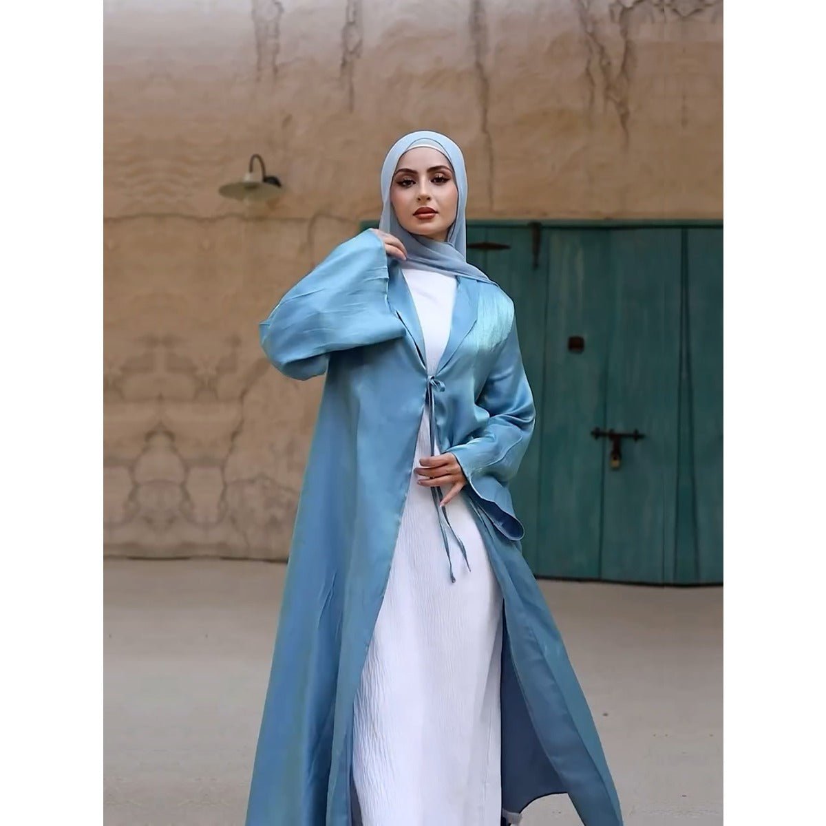 Desert Mirage Cardigan Abaya | Blue-Green Ombre Silk Abaya with Bell Sleeves (MOA204)
