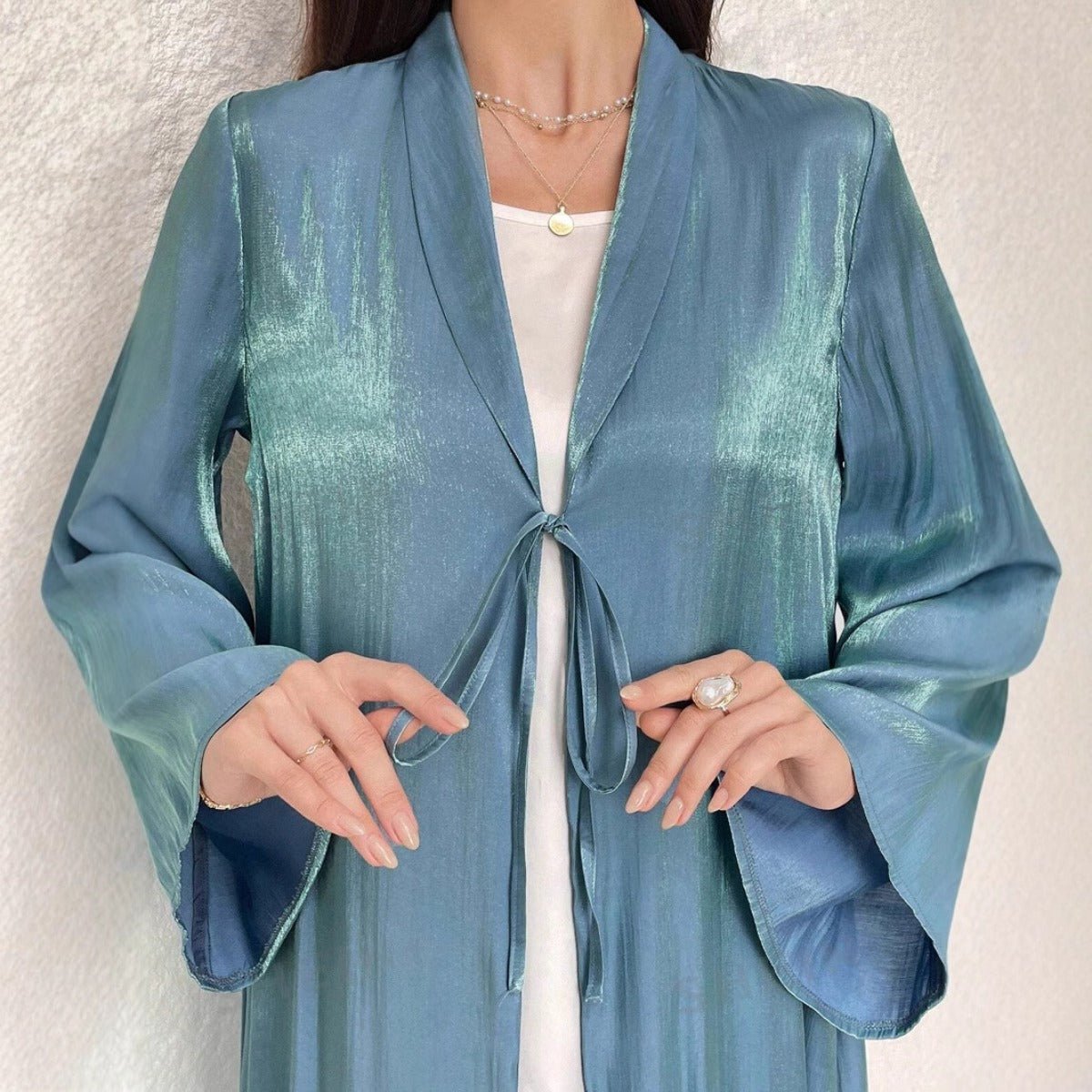 Desert Mirage Cardigan Abaya | Blue-Green Ombre Silk Abaya with Bell Sleeves (MOA204)