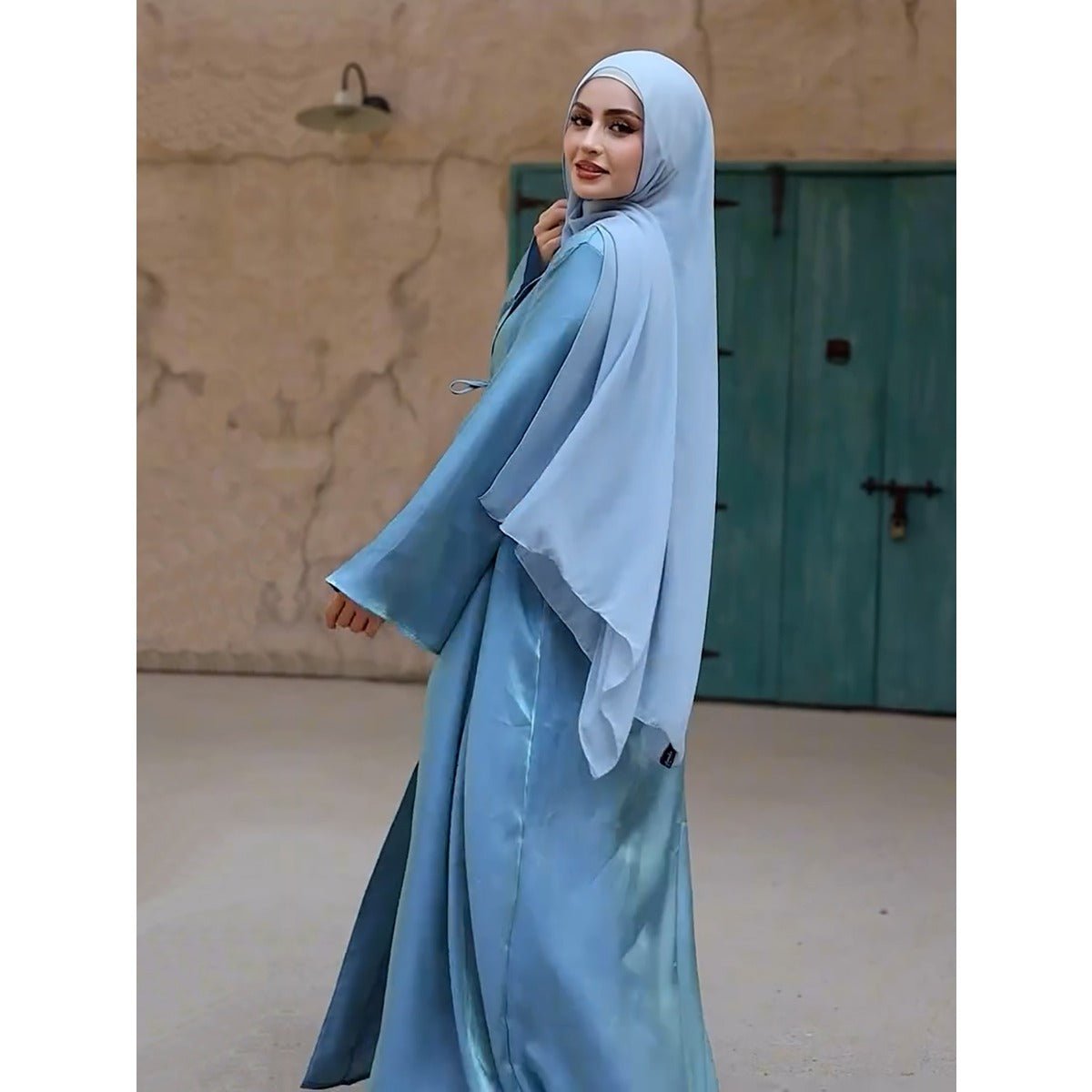 Desert Mirage Cardigan Abaya | Blue-Green Ombre Silk Abaya with Bell Sleeves (MOA204)