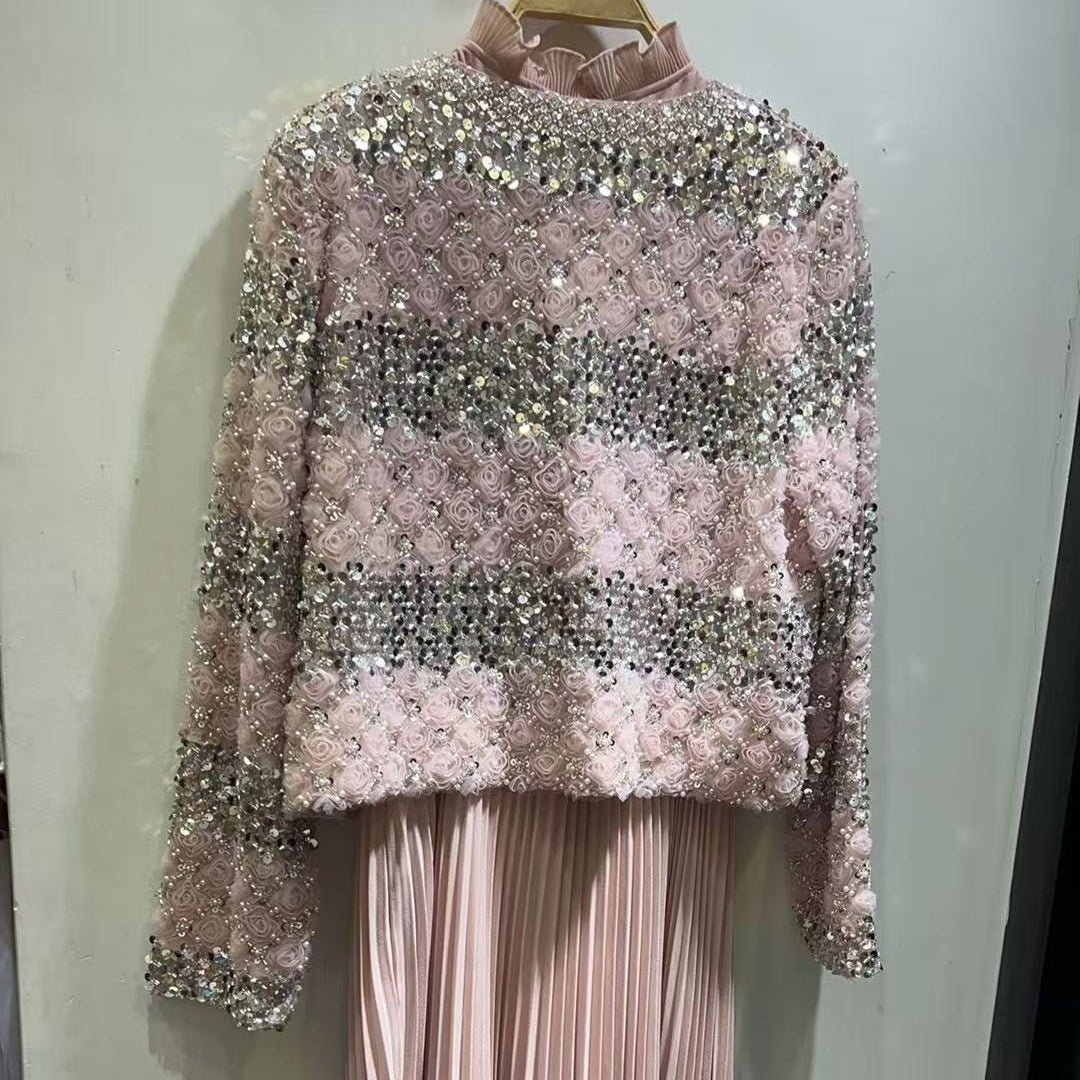 Luxury Pearl Beaded Diamond Grid Jacket & Pleated Dress Set(MS403)