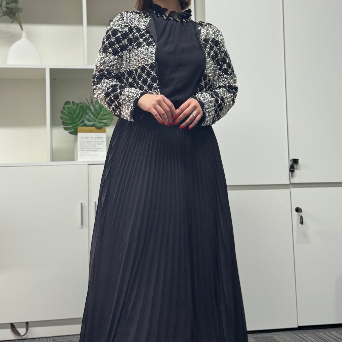 Luxury Pearl Beaded Diamond Grid Jacket & Pleated Dress Set(MS403)