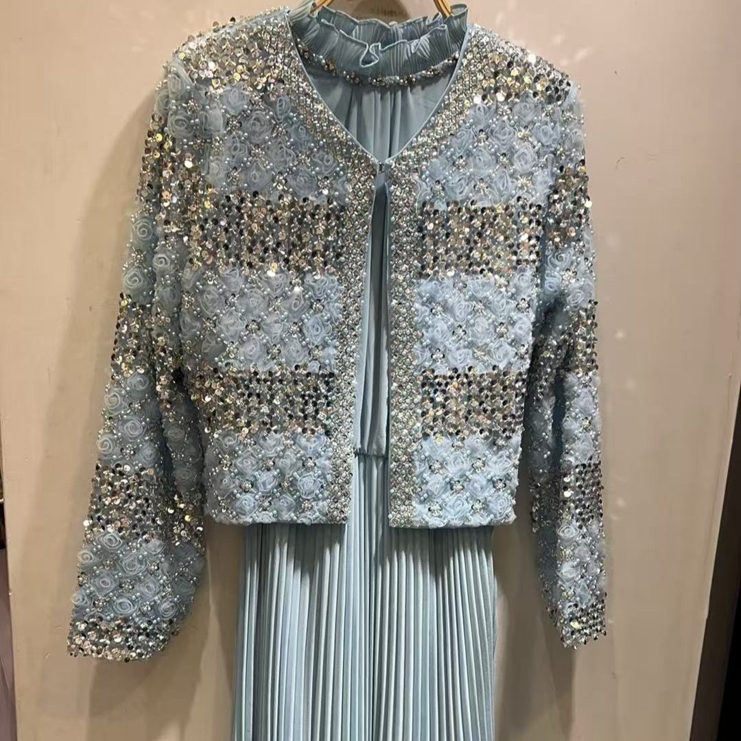 Luxury Pearl Beaded Diamond Grid Jacket & Pleated Dress Set(MS403)