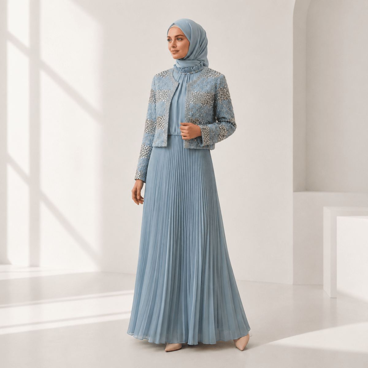 Luxury Pearl Beaded Diamond Grid Jacket & Pleated Dress Set(MS403)