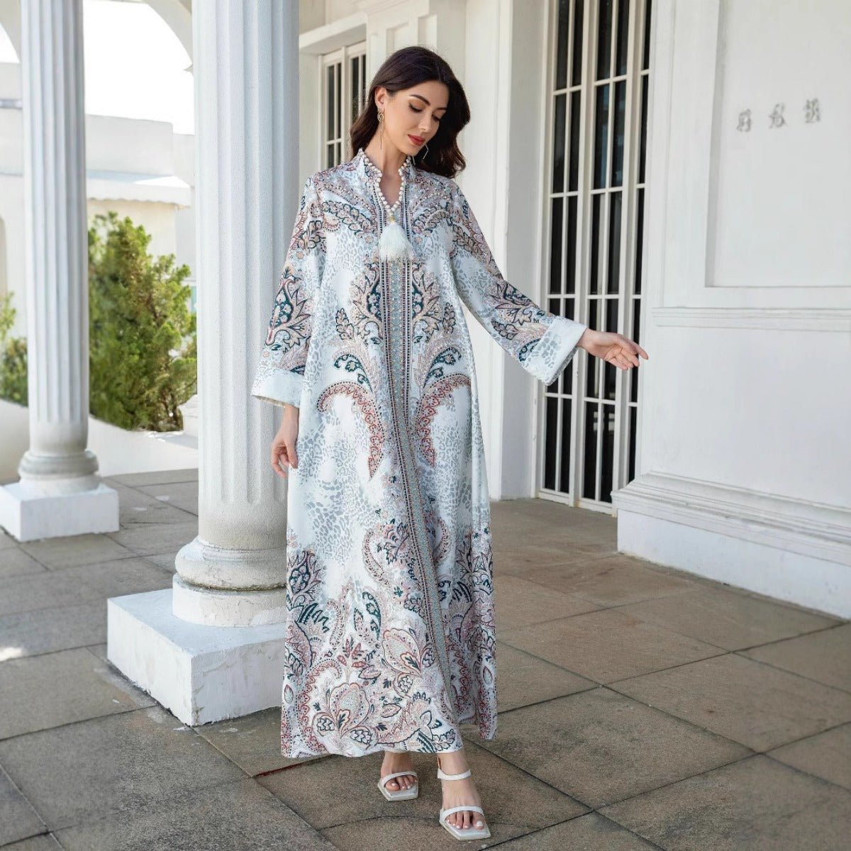 Luxury Pearl-Embellished Floral Beaded Muslim Robe Abaya with Bell Sleeves & Tassel Details (MA229)