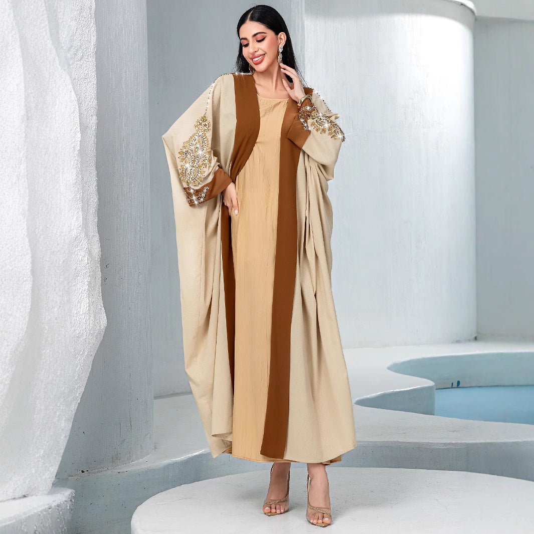 Luxury Rust Bead Muslim Wedding & Party Khaki Gold Embroidered Contrast Jacket Abaya(MOA158)