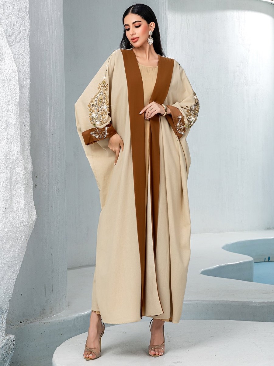 Luxury Rust Bead Muslim Wedding & Party Khaki Gold Embroidered Contrast Jacket Abaya(MOA158)
