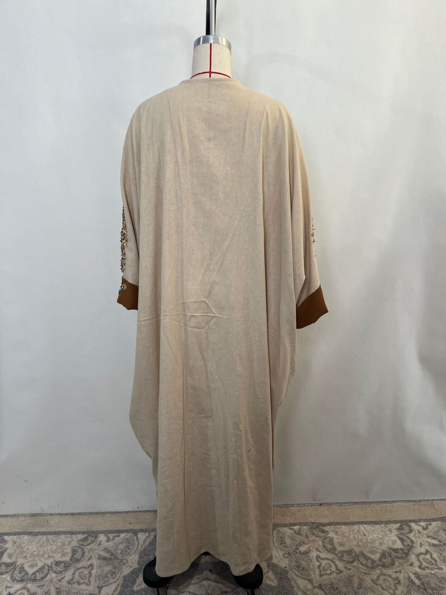 Luxury Rust Bead Muslim Wedding & Party Khaki Gold Embroidered Contrast Jacket Abaya(MOA158)
