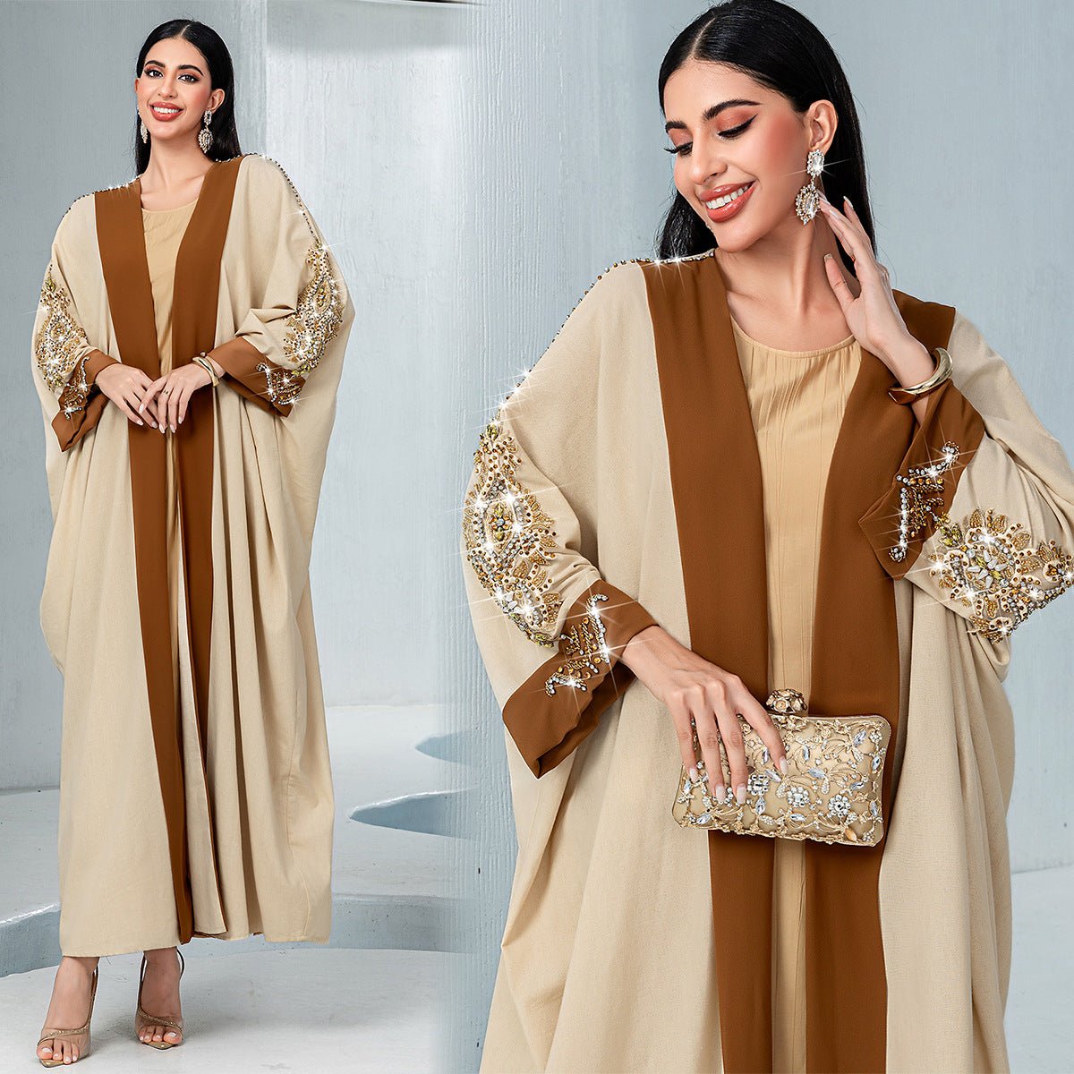 Luxury Rust Bead Muslim Wedding & Party Khaki Gold Embroidered Contrast Jacket Abaya(MOA158)